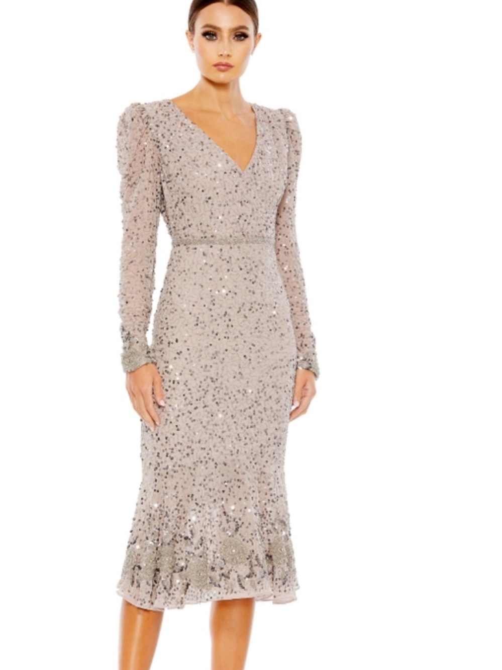 BNWT MAC DUGGAL Sequin Dress with Embellished Hemline and Belt 10740
